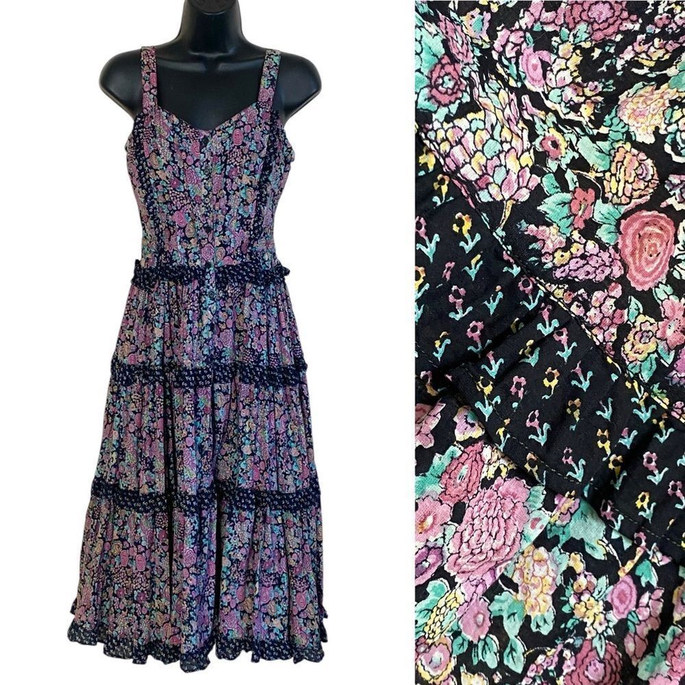 Vintage Her Excellency Prairie Dress Cottagecore Tiered Floral Midi Dress Sz S